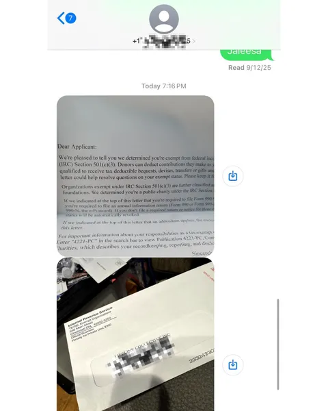 Text message from a client: my nonprofit is now official, with a photo of the IRS envelope